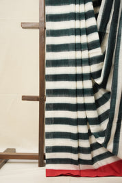 Green White Stripes Pochampalli Cotton Ikat Saree - SRGWSPCIS605