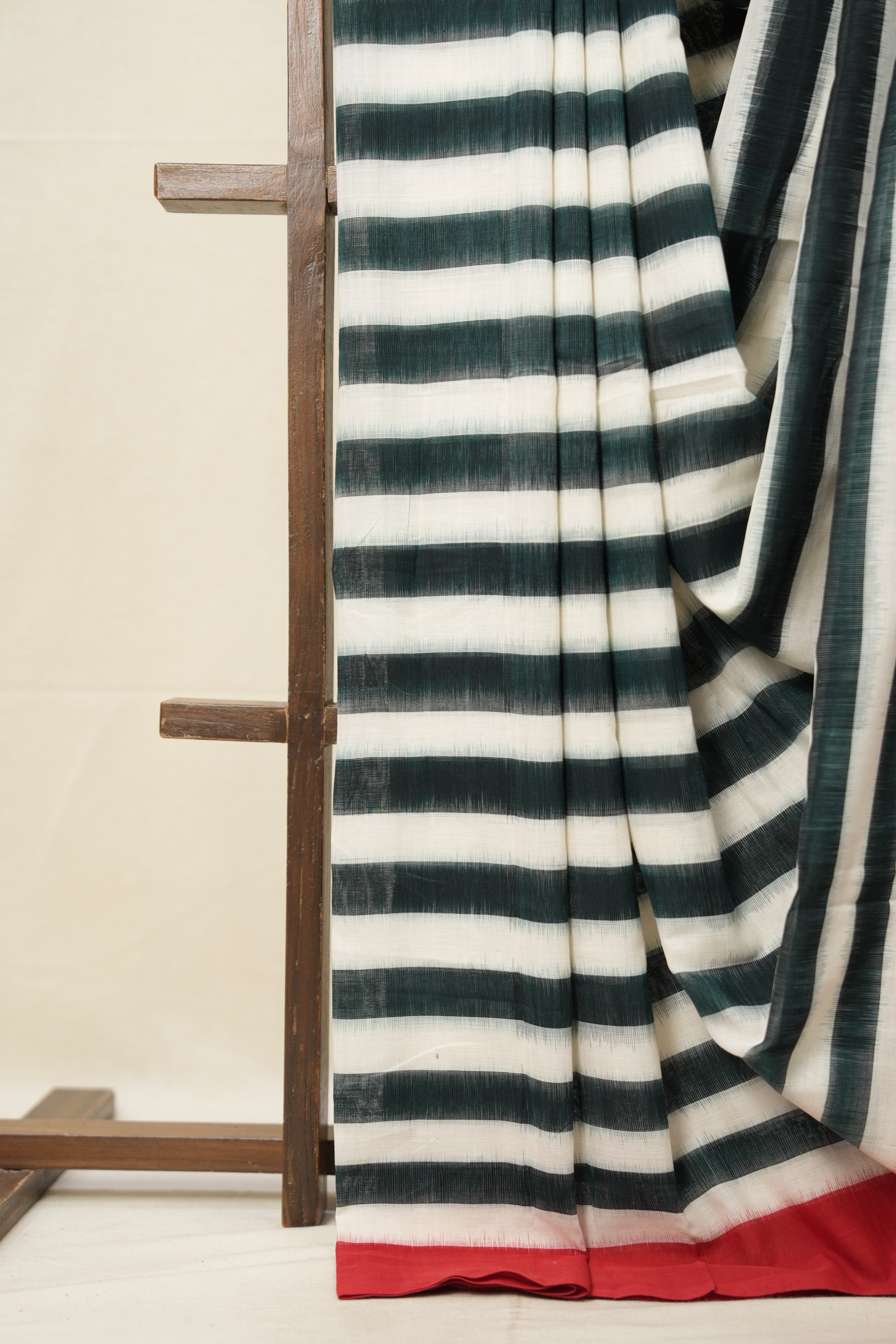 Green White Stripes Pochampalli Cotton Ikat Saree - SRGWSPCIS605