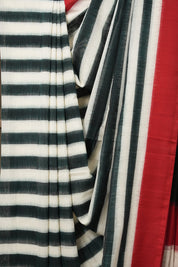 Green White Stripes Pochampalli Cotton Ikat Saree - SRGWSPCIS605