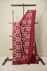 White Red Pochampalli Cotton Ikat Saree - SRWRPCIS602