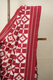 White Red Pochampalli Cotton Ikat Saree - SRWRPCIS602