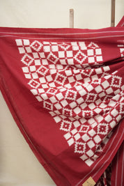 White Red Pochampalli Cotton Ikat Saree - SRWRPCIS602