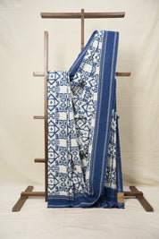 Teal White Pochampalli Cotton Ikat Saree - SRTWPCIS557
