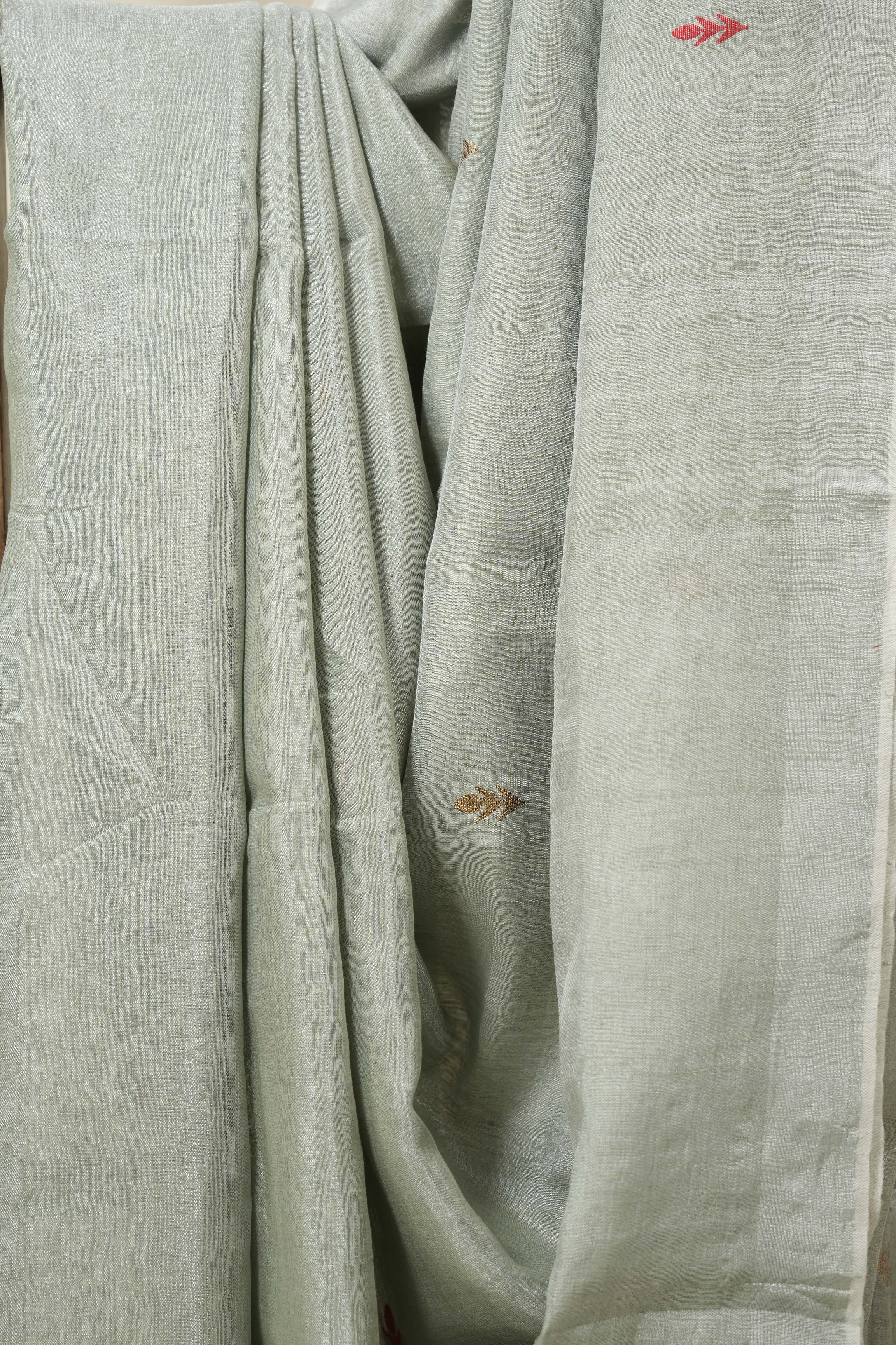Sage Green Tissue Linen Jamdani Saree - SRSGTLJS154