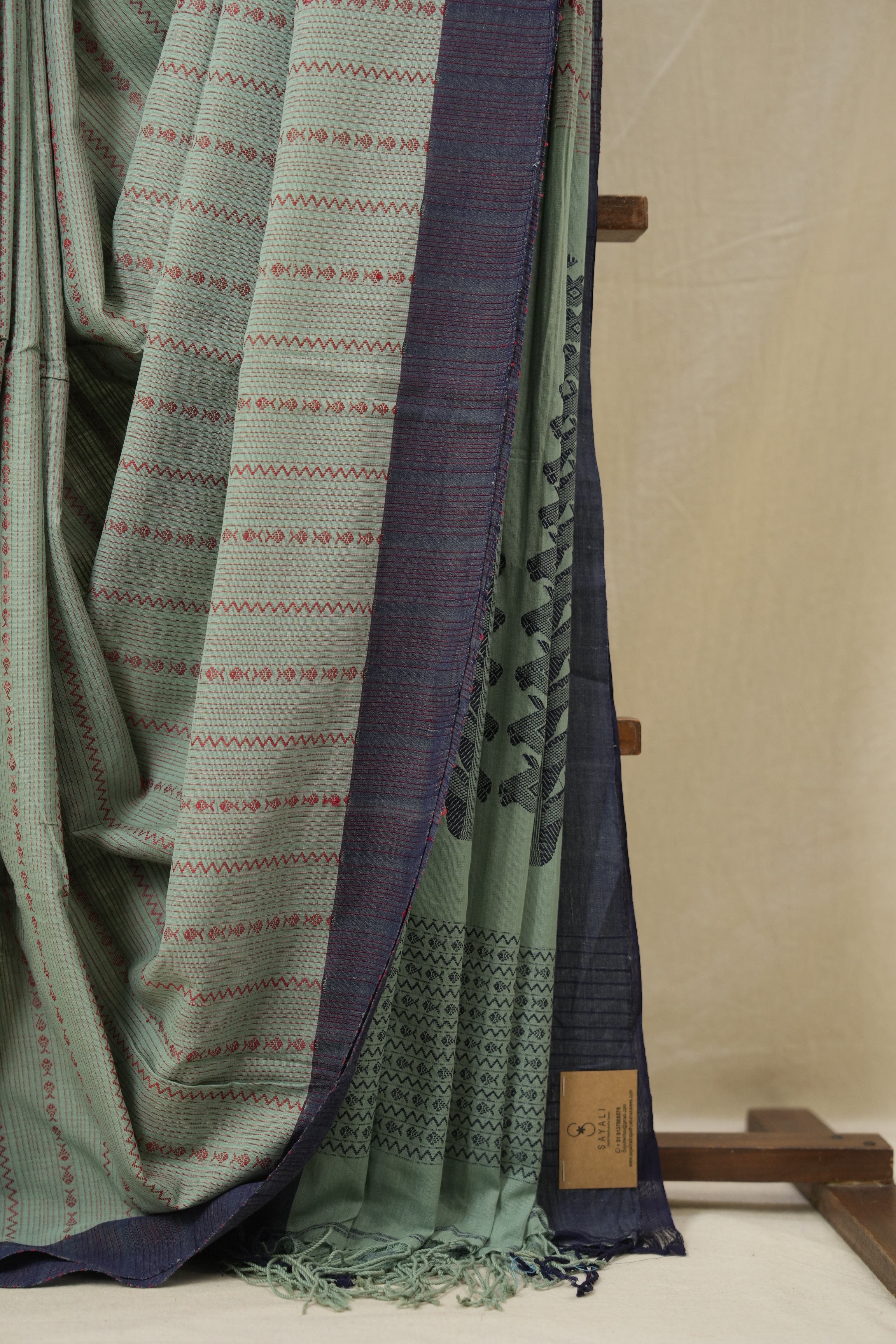 Seafoam Green Bengal Cotton Saree - SRSGBCS122