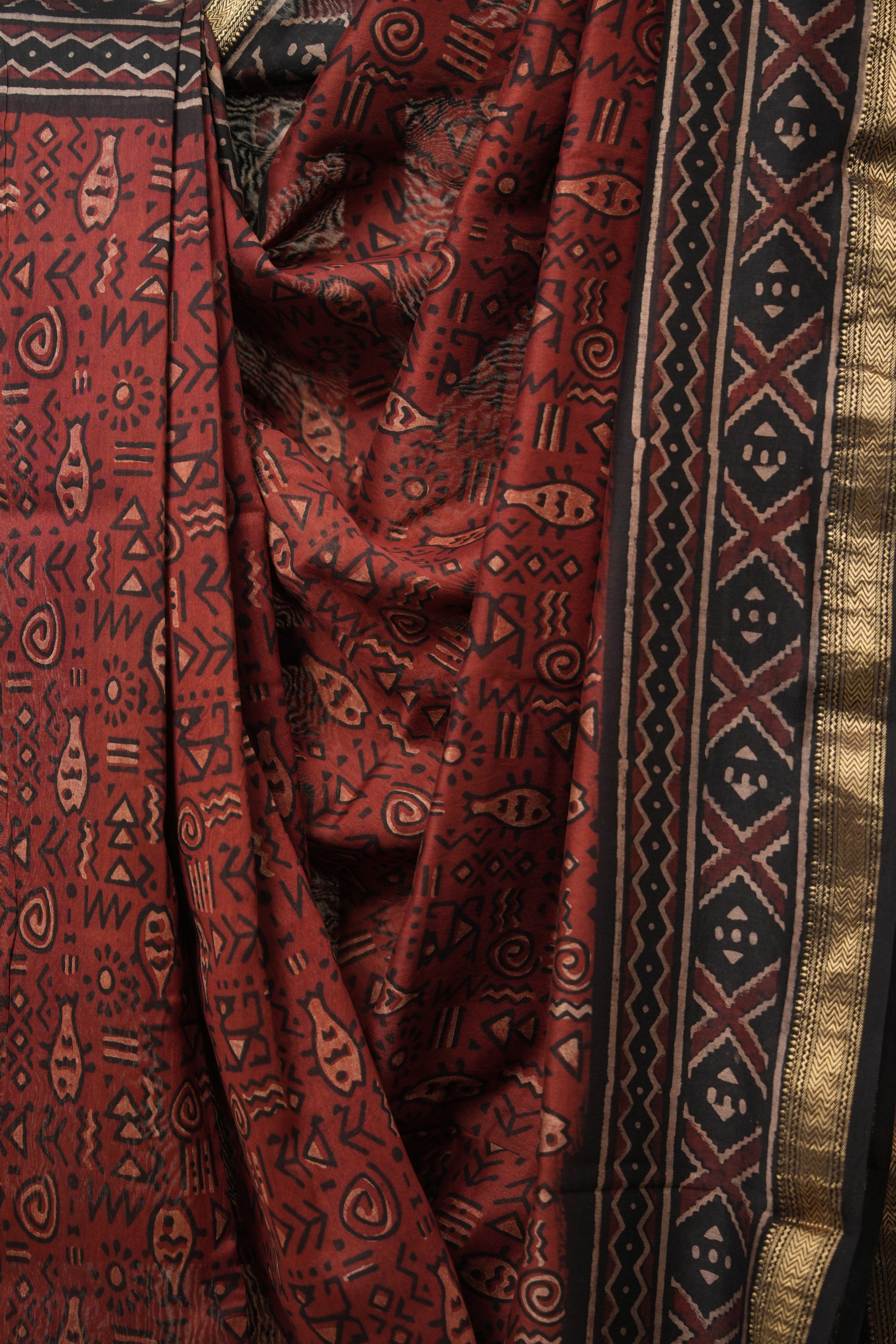 Maroon HBP Cotton Silk Saree With Maheshwari Border - SRMCSS1407