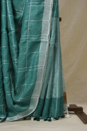 Green Linen Saree With Tassels - SRGLS505