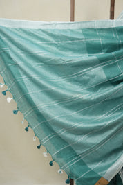 Green Linen Saree With Tassels - SRGLS505