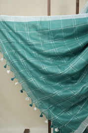 Green Linen Saree With Tassels - SRGLS505