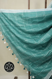 Green Linen Saree With Tassels - SRGLS505