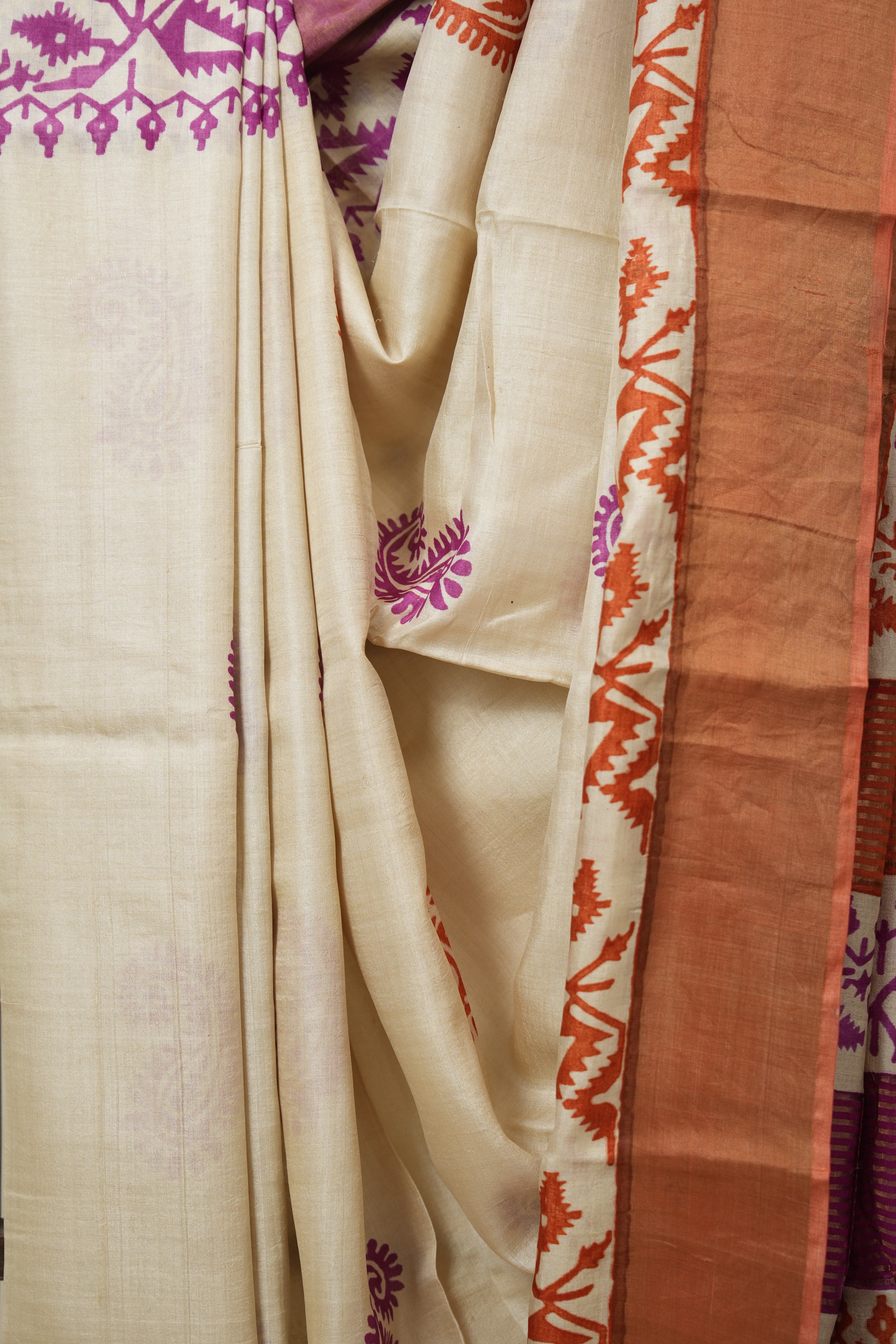 Cream HBP Tussar Silk Saree - SRCHTSS752
