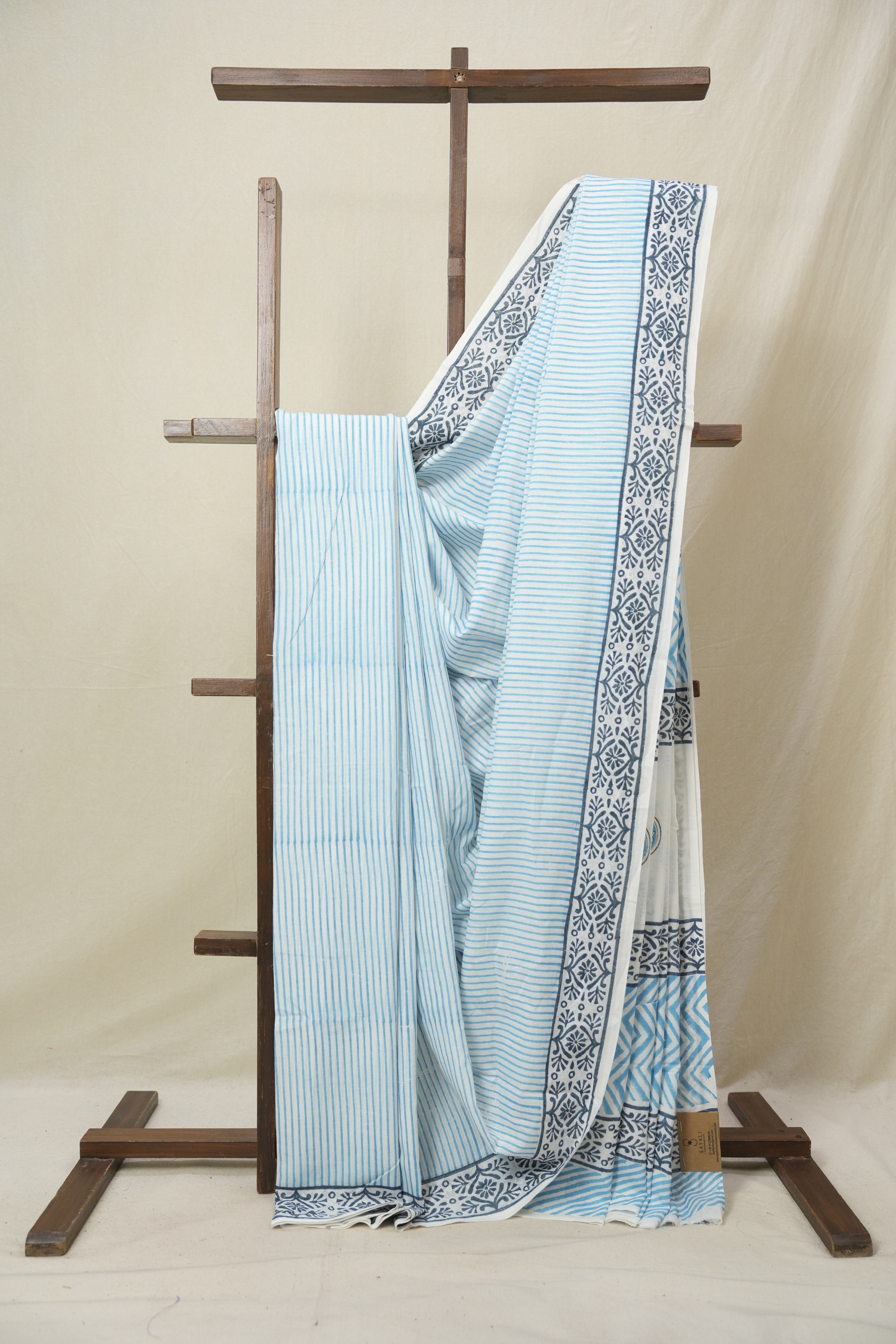 White -Blue HBP Cotton Saree- SRWBCS3265