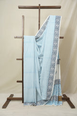 White -Blue HBP Cotton Saree- SRWBCS3265