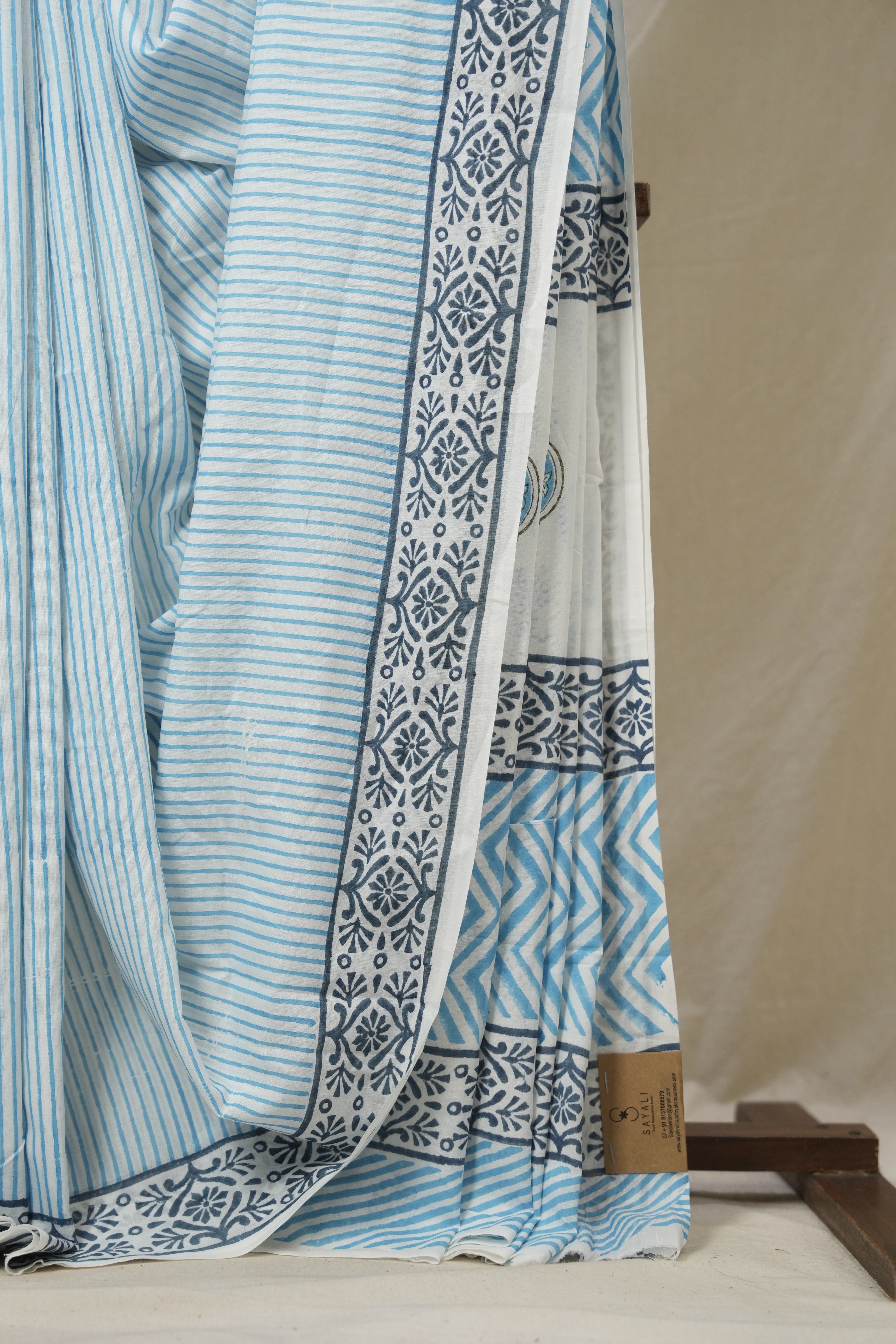 White -Blue HBP Cotton Saree- SRWBCS3265