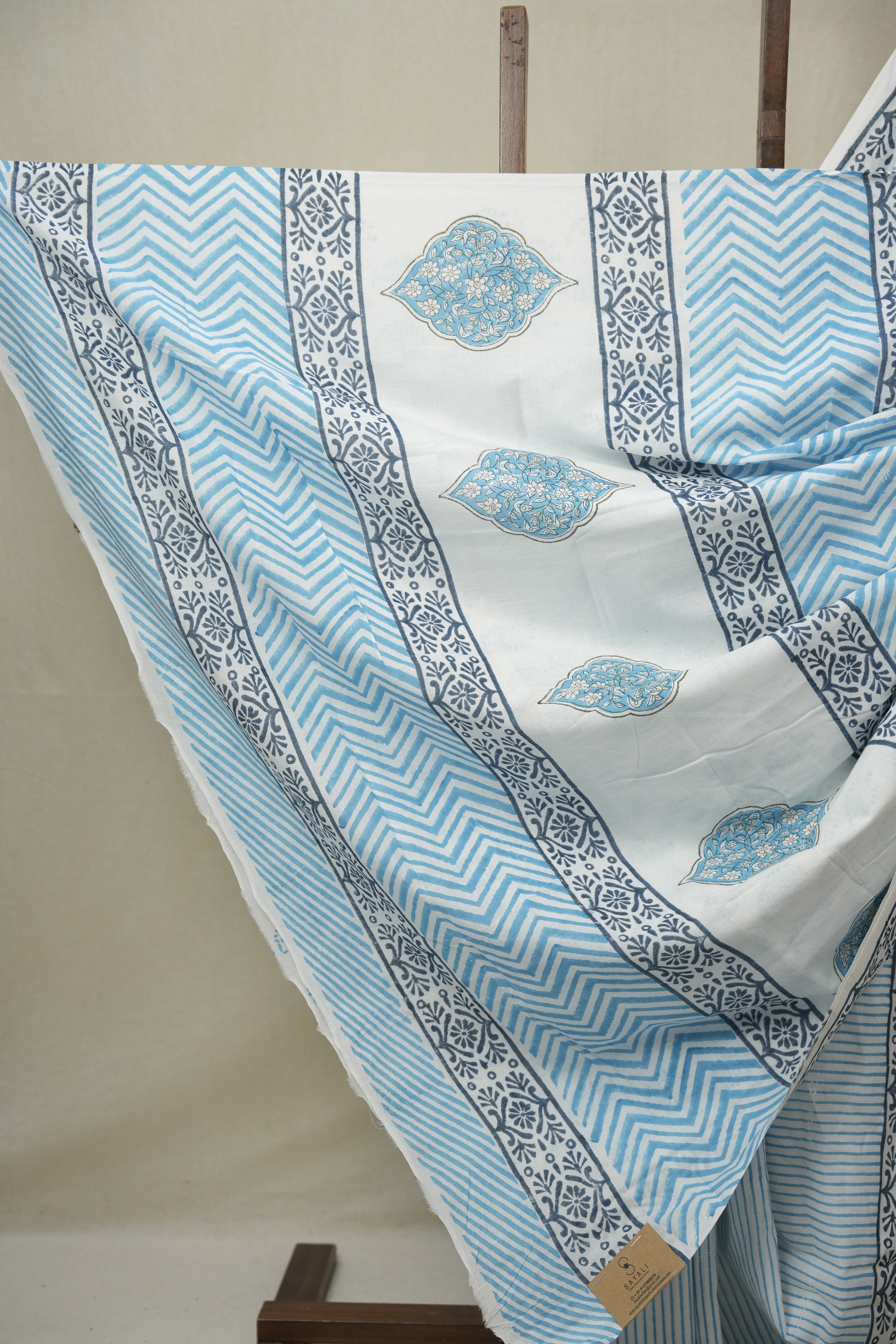 White -Blue HBP Cotton Saree- SRWBCS3265