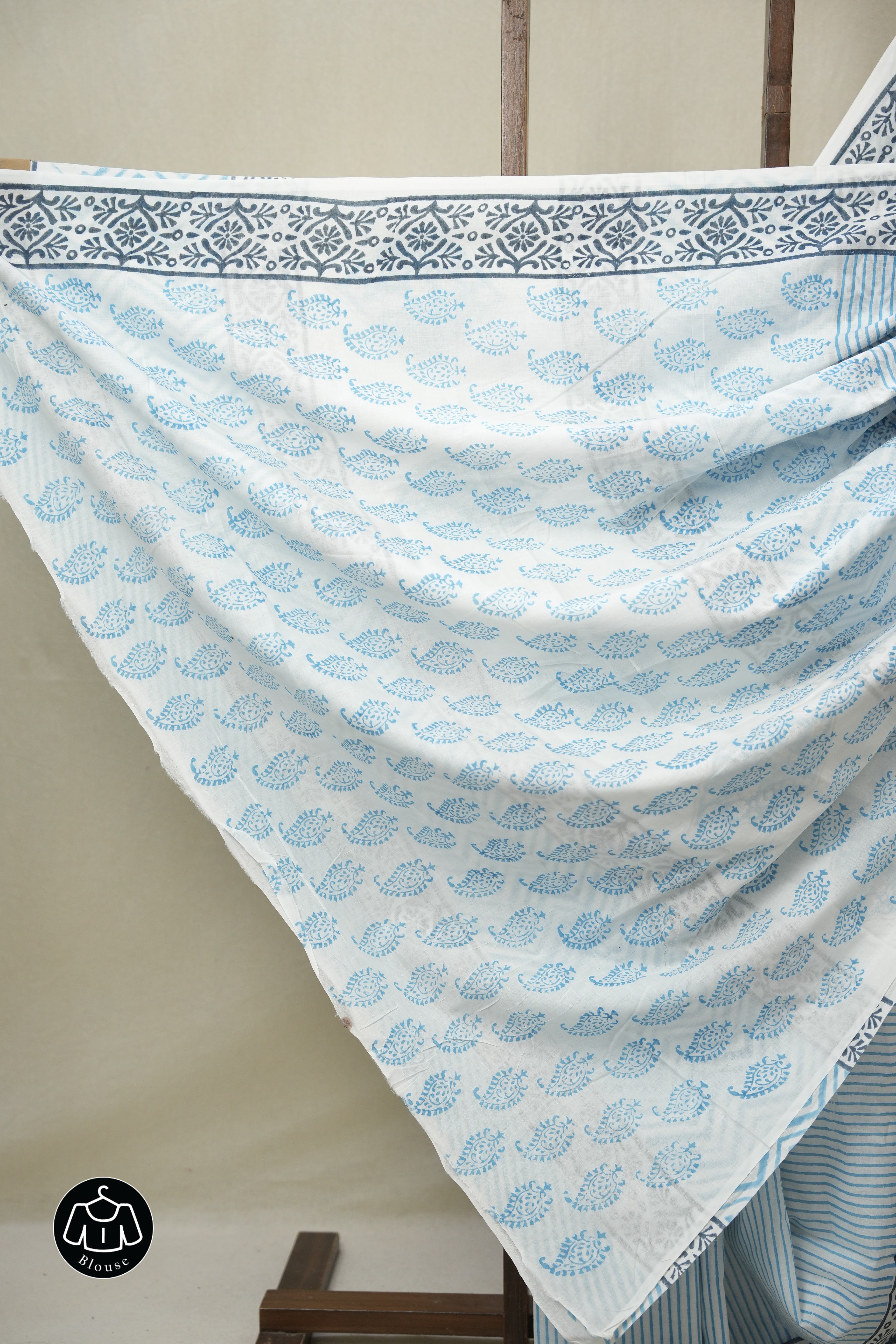 White -Blue HBP Cotton Saree- SRWBCS3265