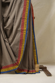 Greyish Brown Cotton Patchwork Saree - SRGBCPS275