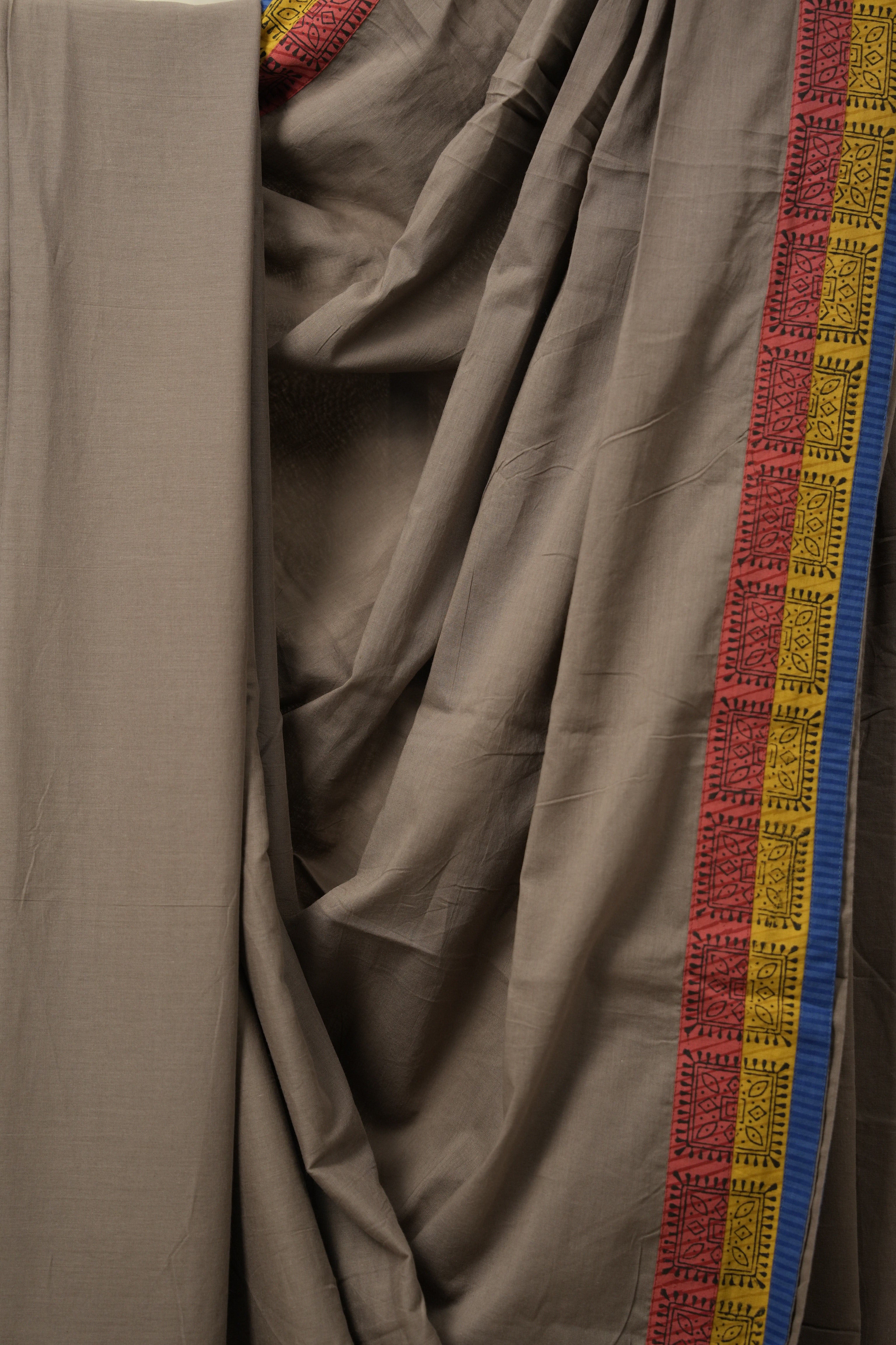 Greyish Brown Cotton Patchwork Saree - SRGBCPS275