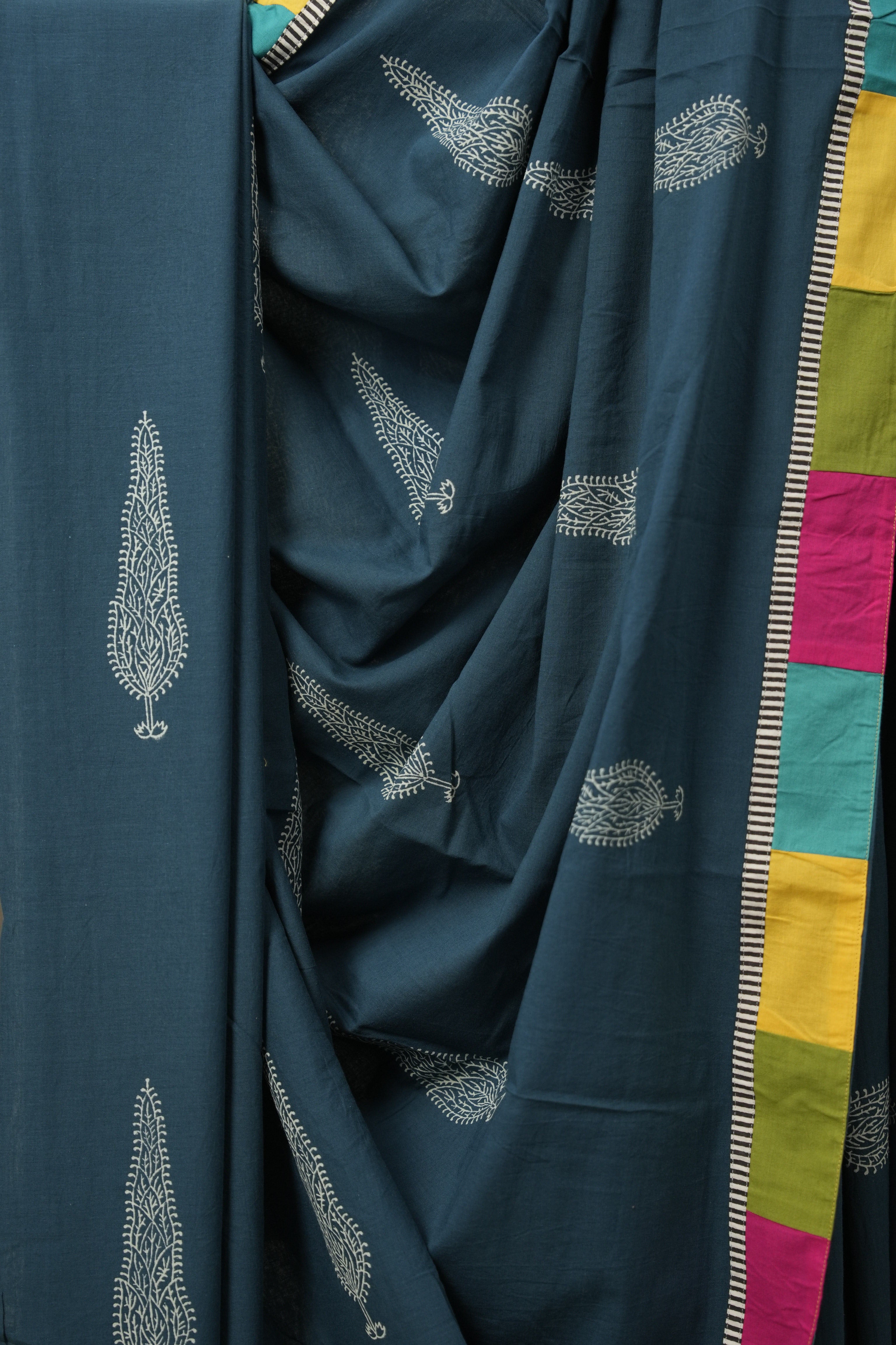 Teal Blue Cotton Patchwork Saree - SRTBCPS273