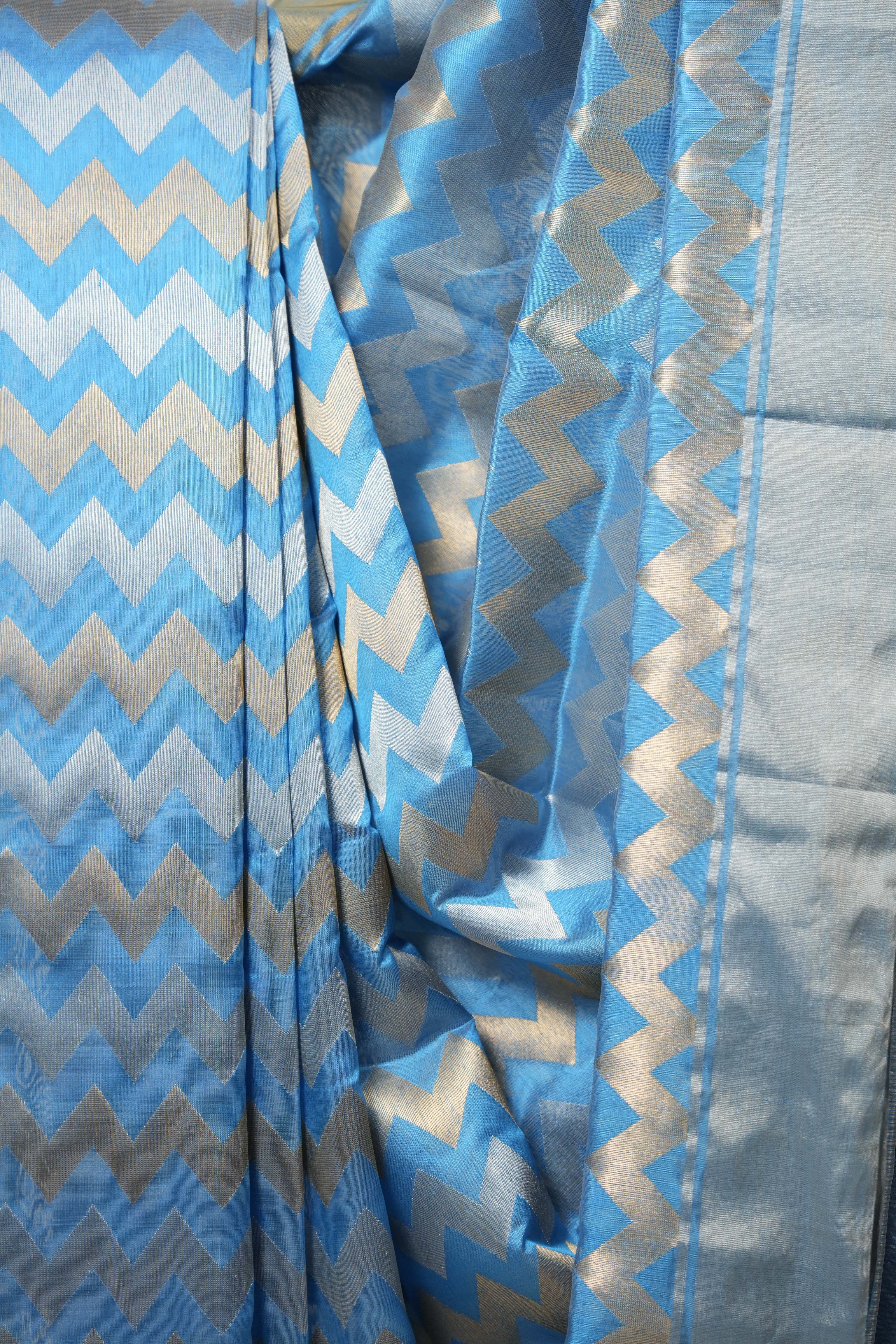 Blue Zigzag Deisgn Pattu Chanderi Silk Saree - SRBZDPCSS448