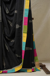 Black Cotton Patchwork Saree - SRBCPS284