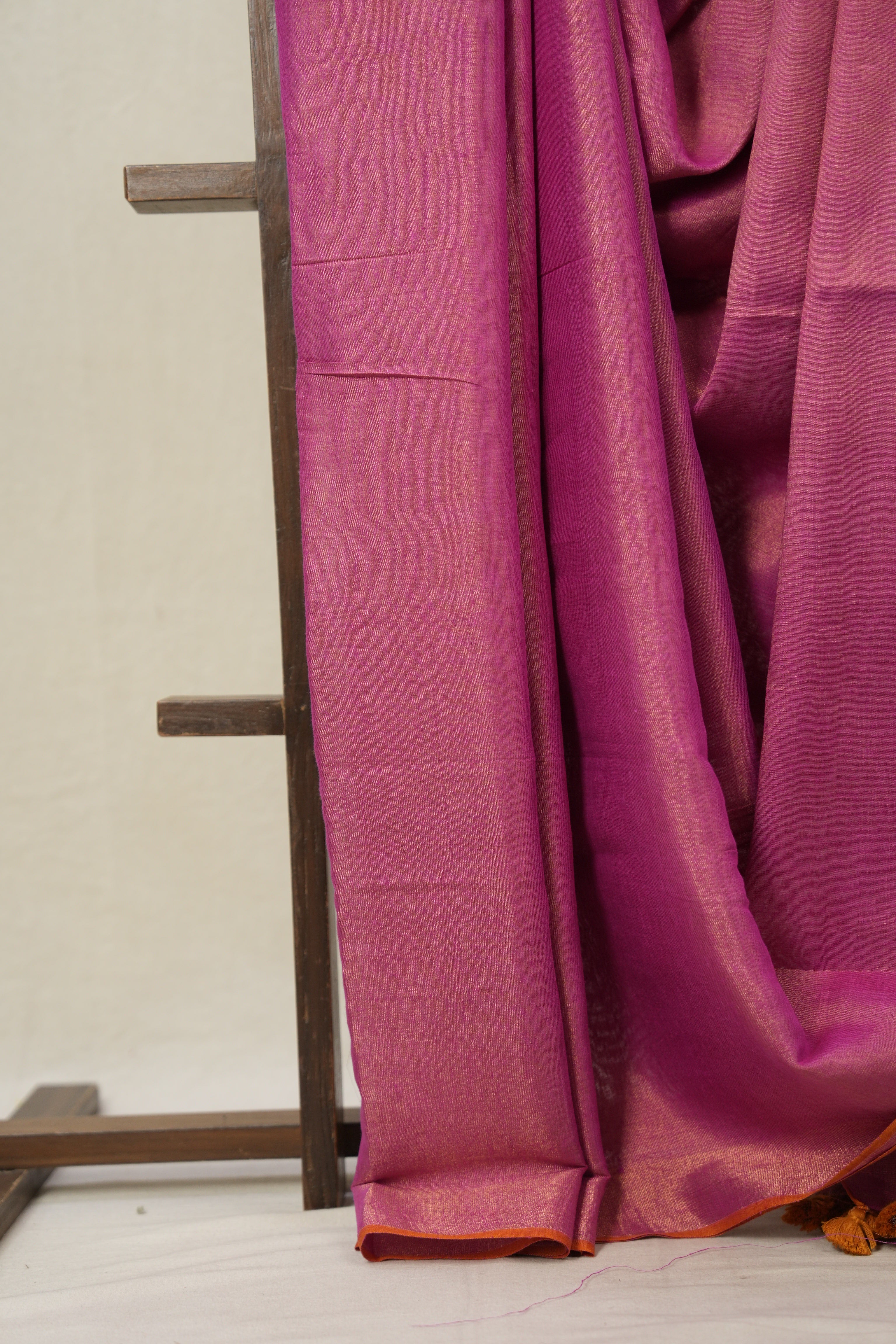 Pink Plain Tissue Linen Saree With Tassels - SRPTLS285