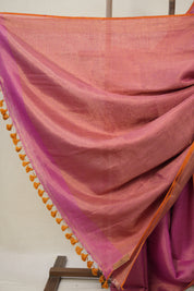 Pink Plain Tissue Linen Saree With Tassels - SRPTLS285