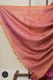 Pink Plain Tissue Linen Saree With Tassels - SRPTLS285