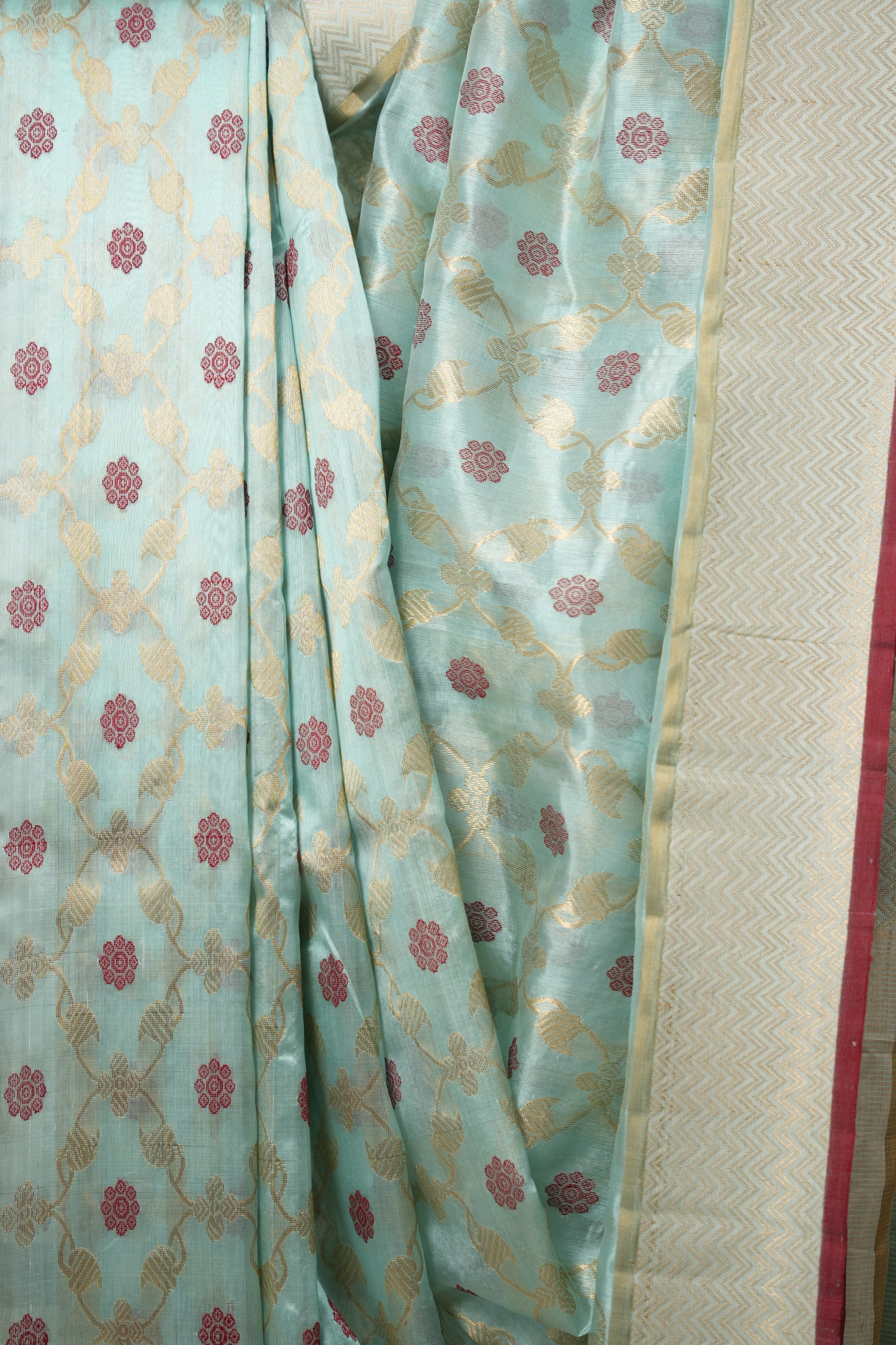 Sea Blue Zall Work Pattu Chanderi Silk Saree - SRBZWPCSS454