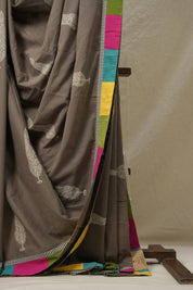 Greyish Brown Cotton Patchwork Saree - SRGBCPS279