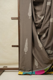 Greyish Brown Cotton Patchwork Saree - SRGBCPS279
