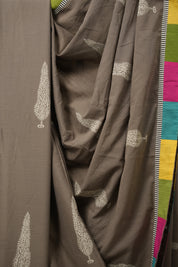 Greyish Brown Cotton Patchwork Saree - SRGBCPS279