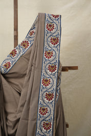 Greyish Brown Cotton Patchwork Saree - SRGBCPS285