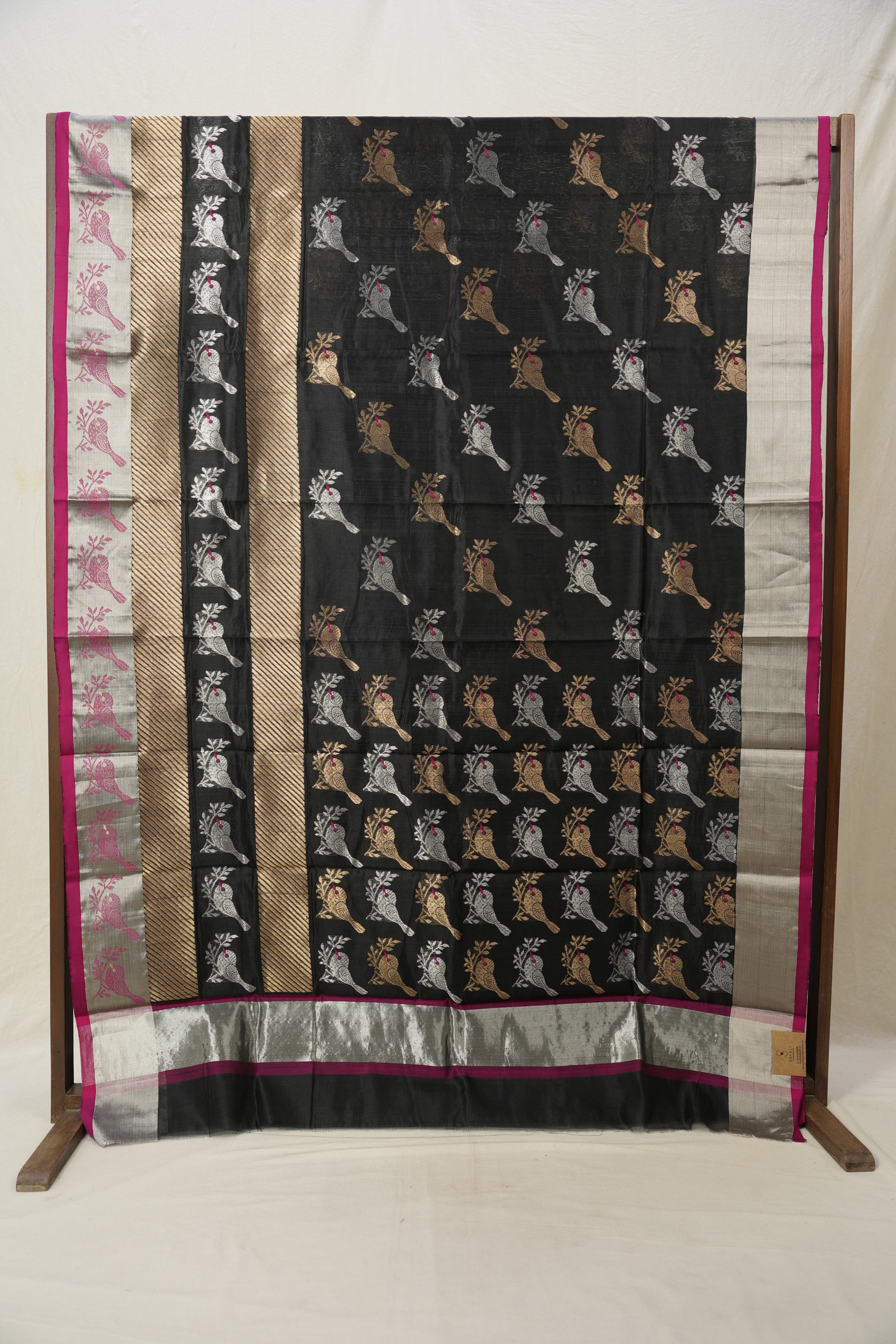 Black Sparrow Pattu Chanderi Silk Saree - SRBSPCSS451