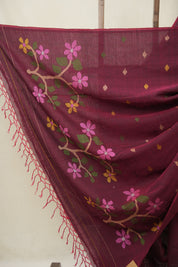 Maroon Mul Bengal Cotton Jamdani Saree - SRPCJS225
