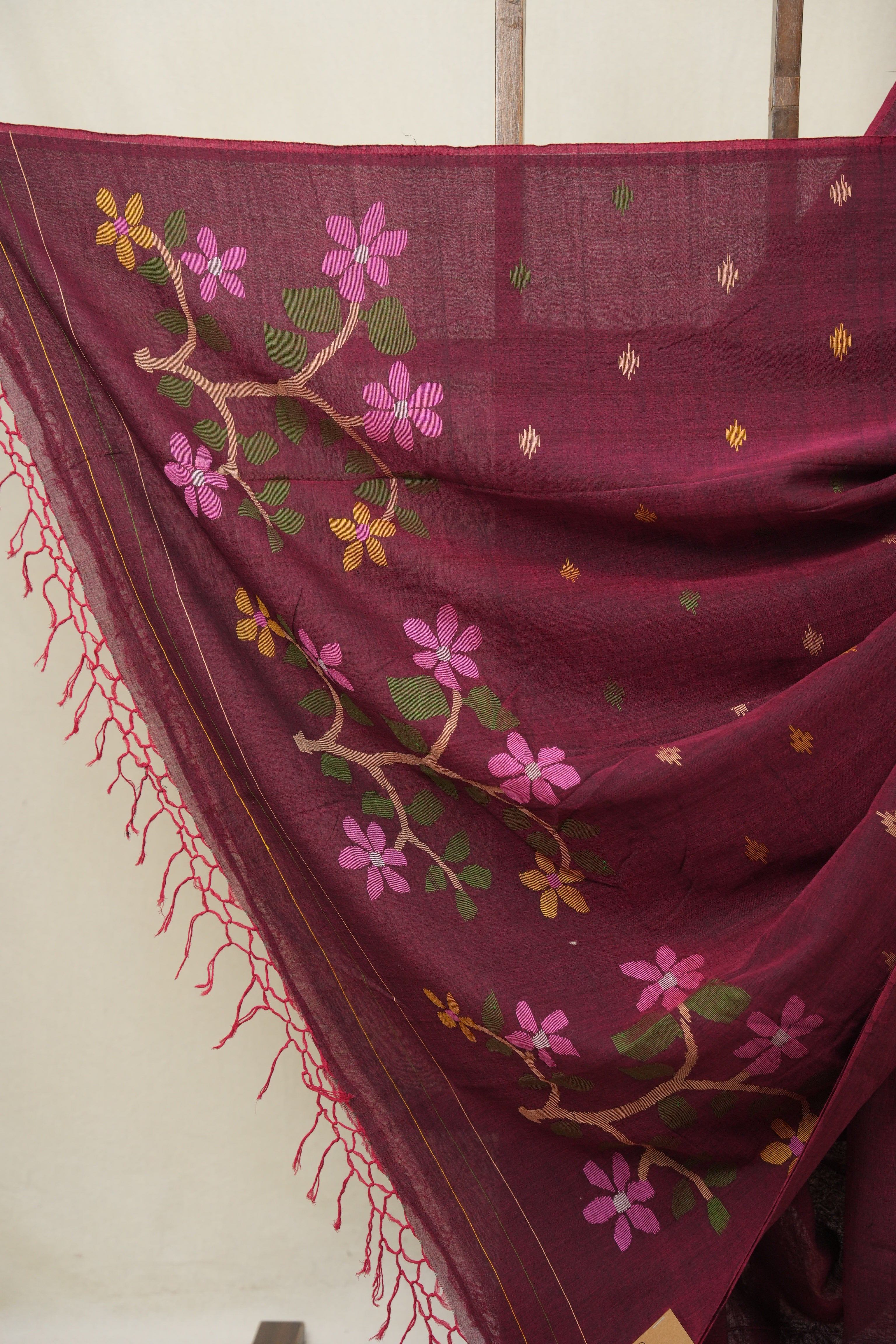 Maroon Mul Bengal Cotton Jamdani Saree - SRPCJS225