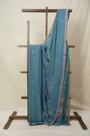 Teal Blue Mul Bengal Cotton Jamdani Saree - SRTBCJS222