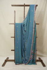 Teal Blue Mul Bengal Cotton Jamdani Saree - SRTBCJS222