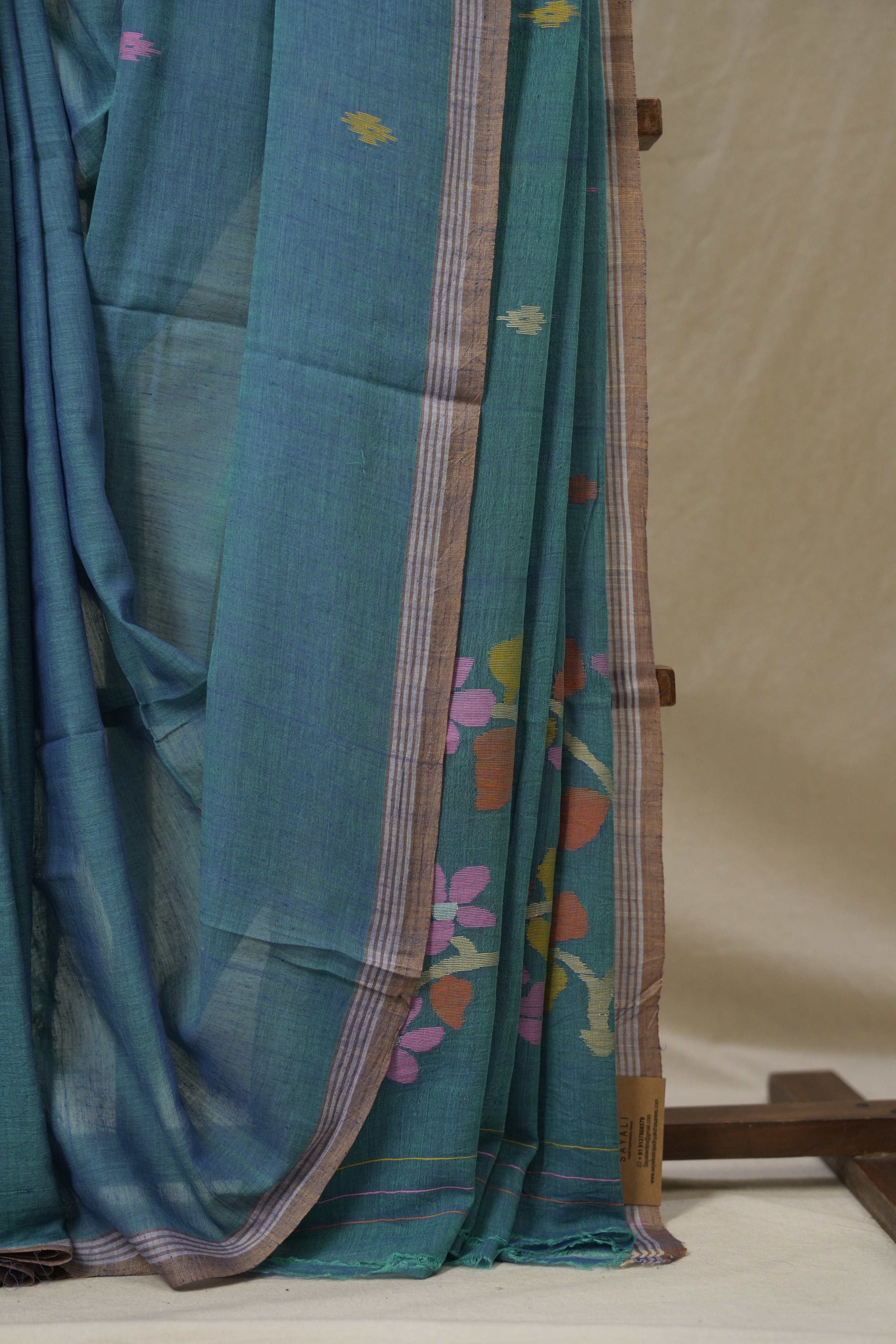 Teal Blue Mul Bengal Cotton Jamdani Saree - SRTBCJS222
