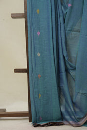 Teal Blue Mul Bengal Cotton Jamdani Saree - SRTBCJS222