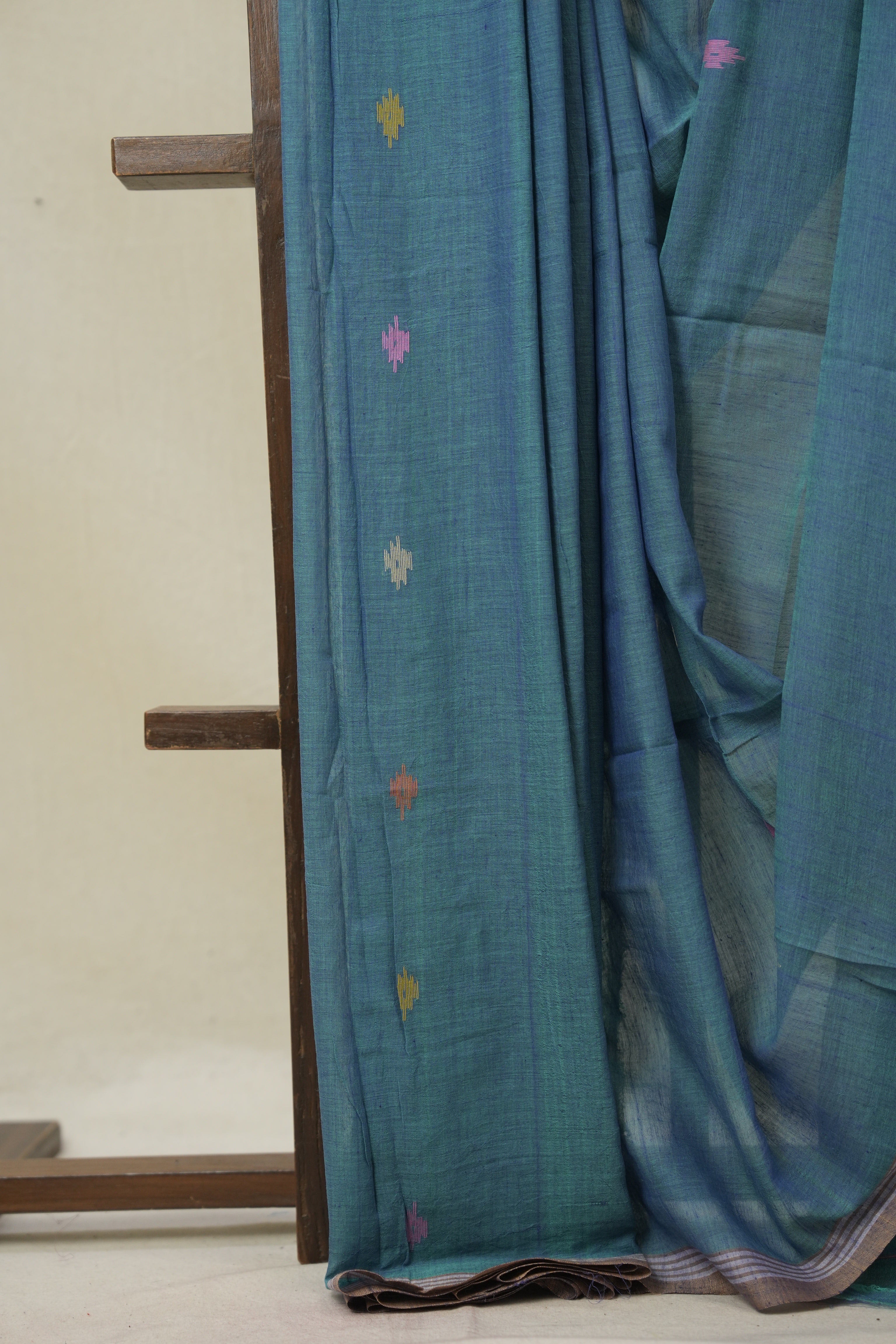 Teal Blue Mul Bengal Cotton Jamdani Saree - SRTBCJS222