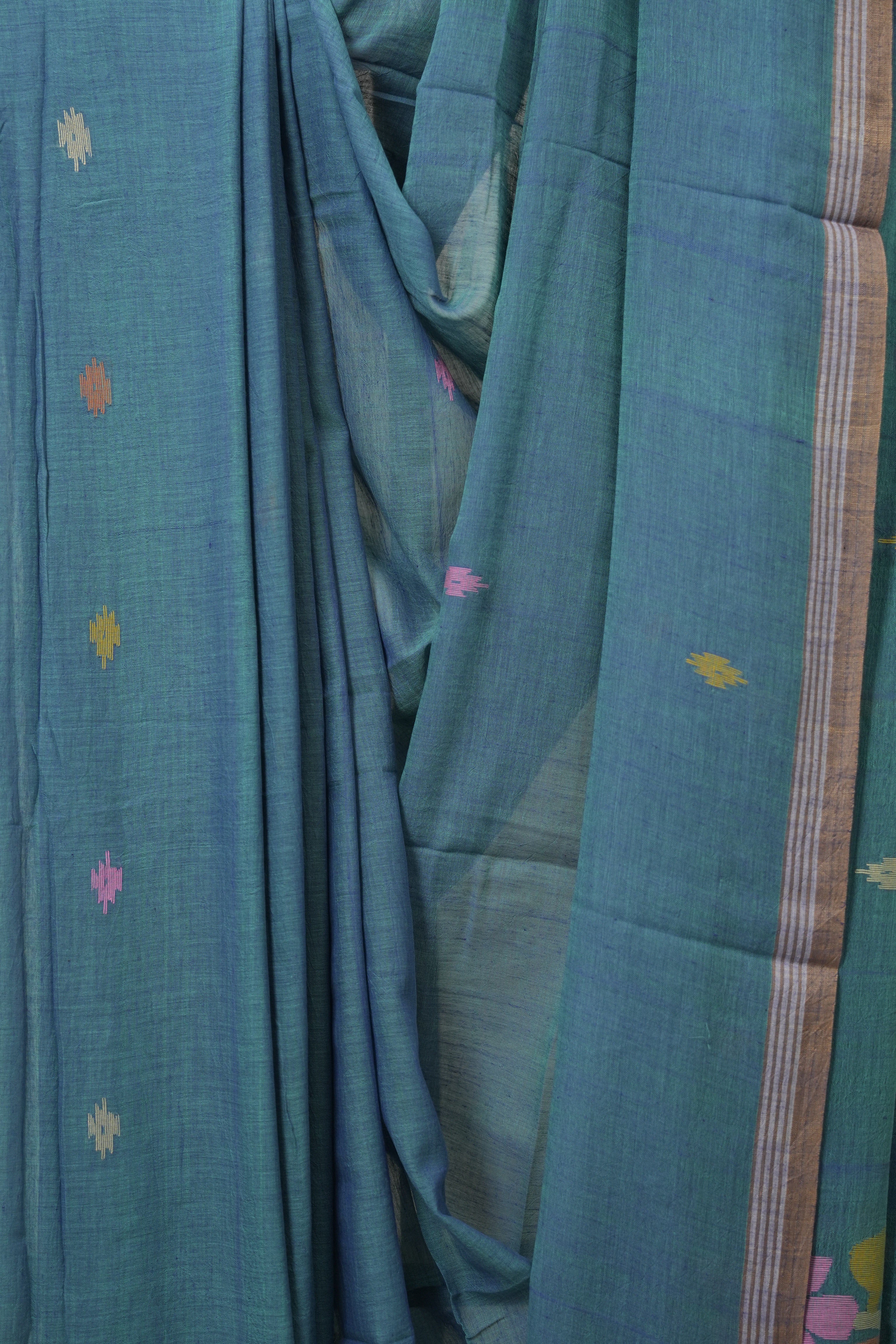 Teal Blue Mul Bengal Cotton Jamdani Saree - SRTBCJS222