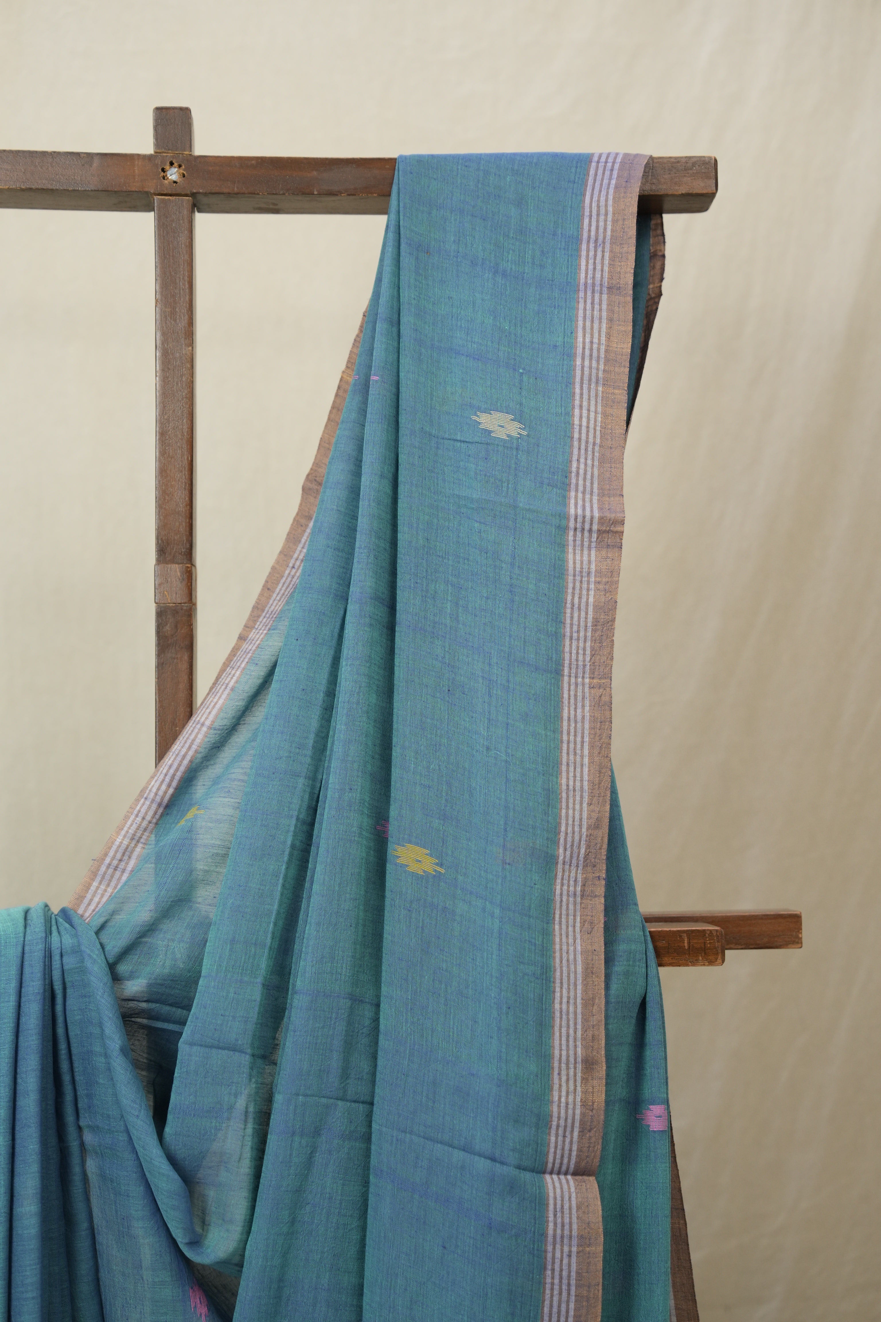 Teal Blue Mul Bengal Cotton Jamdani Saree - SRTBCJS222