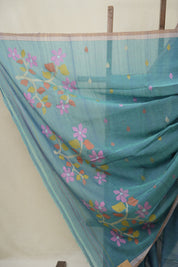 Teal Blue Mul Bengal Cotton Jamdani Saree - SRTBCJS222