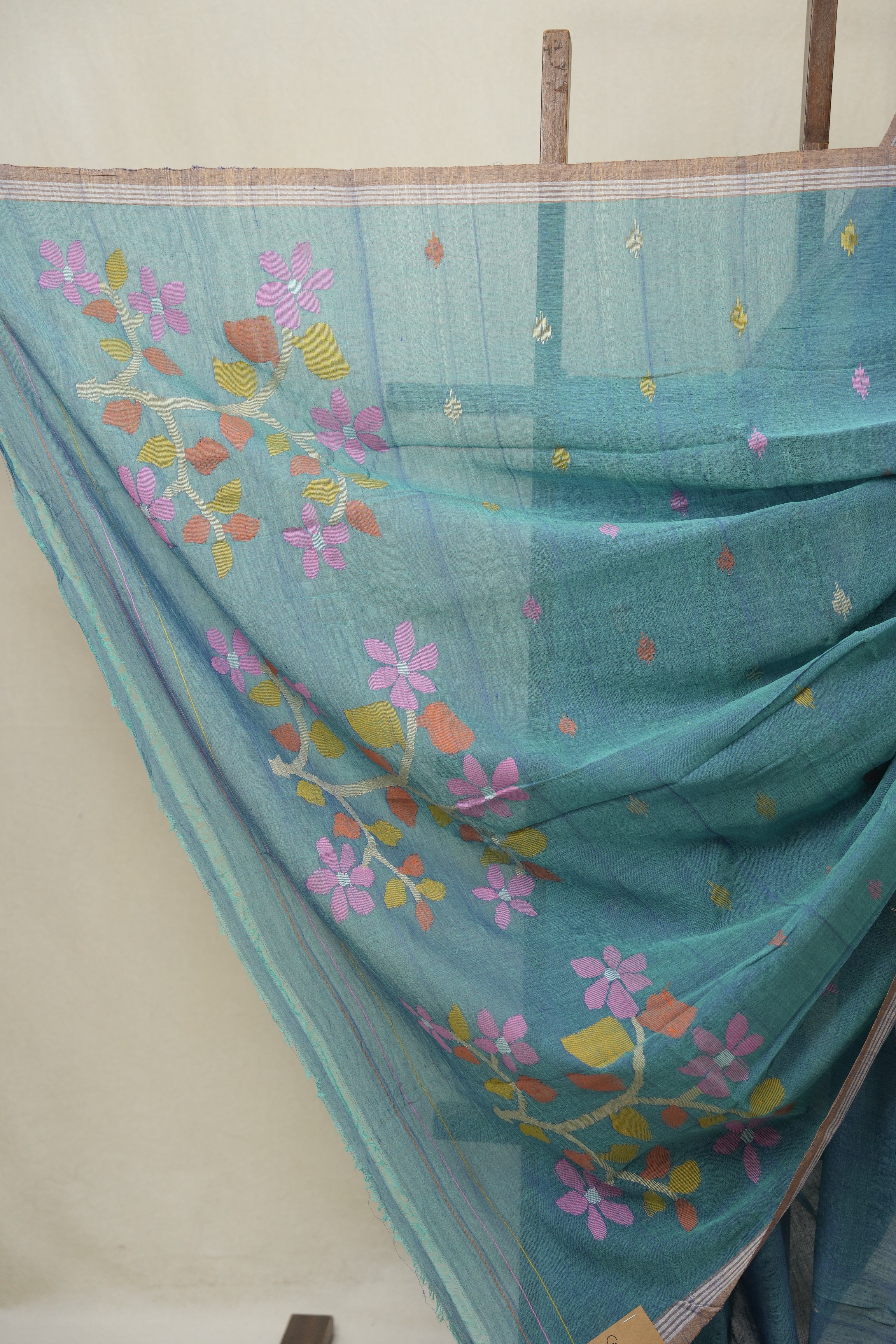 Teal Blue Mul Bengal Cotton Jamdani Saree - SRTBCJS222