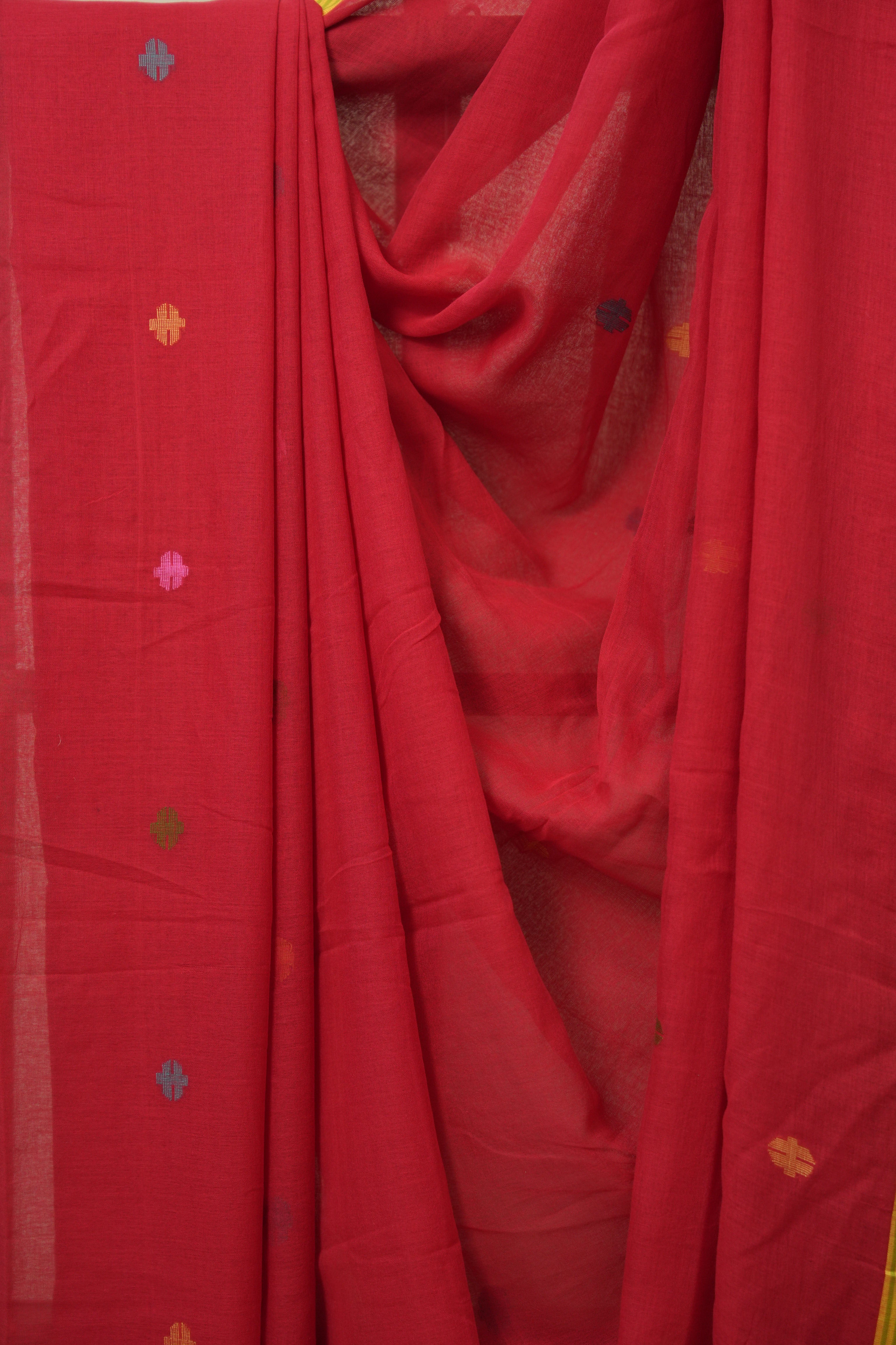Red Mul Bengal Cotton Jamdani Saree - SRRCJS226