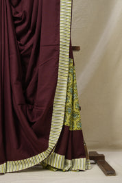 Wine Cotton Patchwork Saree - SRWCPS293