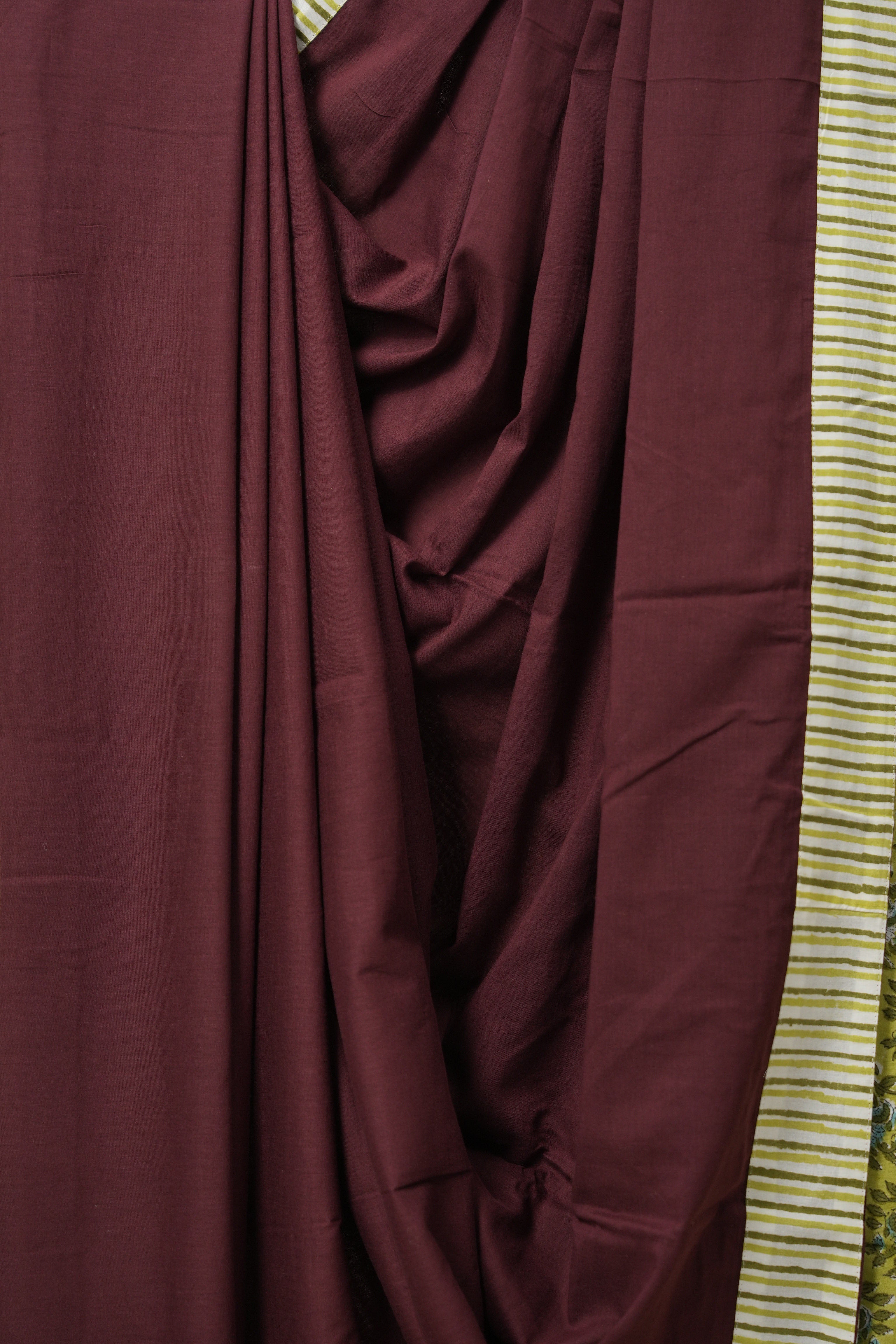 Wine Cotton Patchwork Saree - SRWCPS293