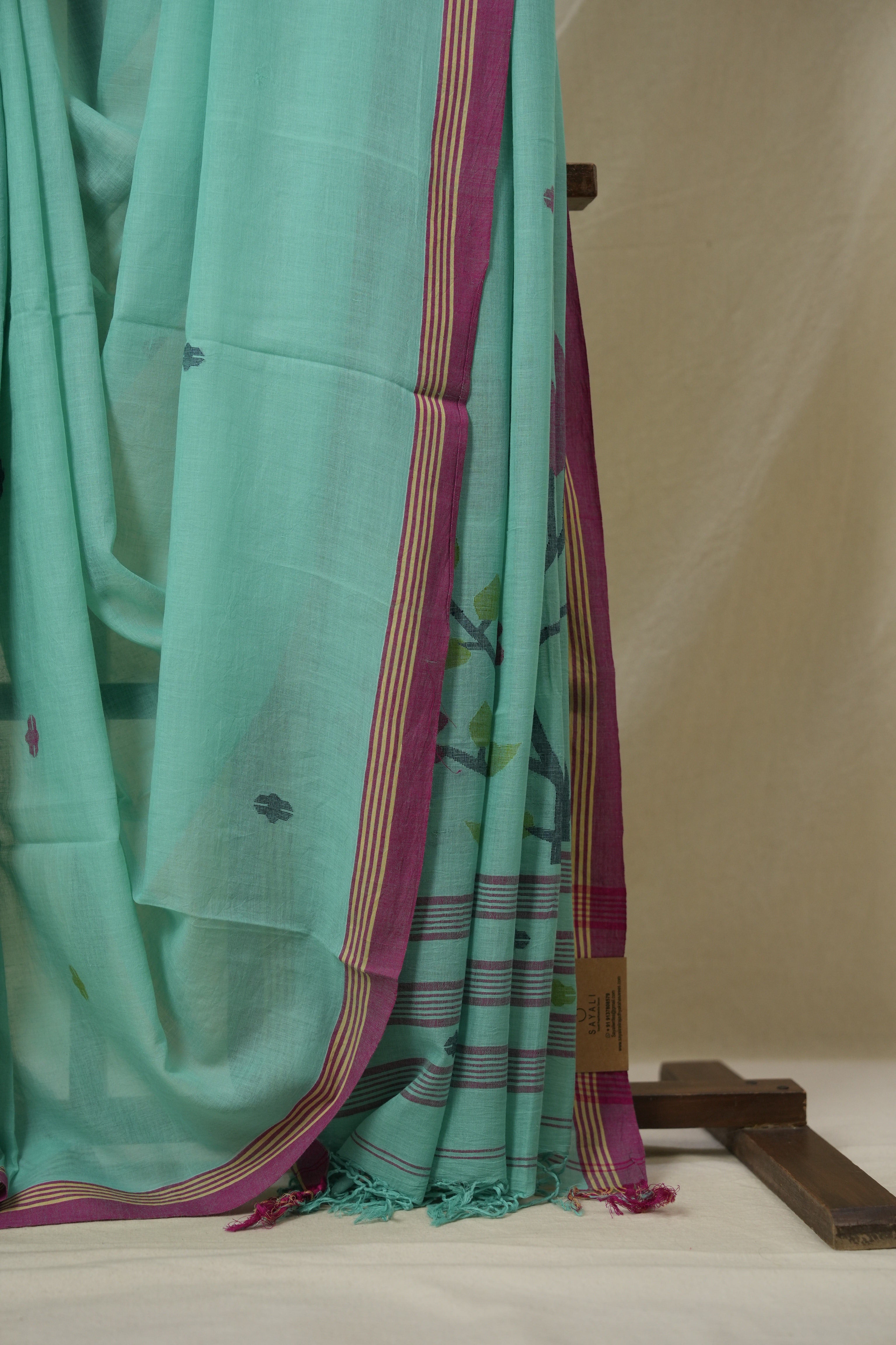Teal Blue Mul Bengal Cotton Jamdani Saree - SRTBCJS240
