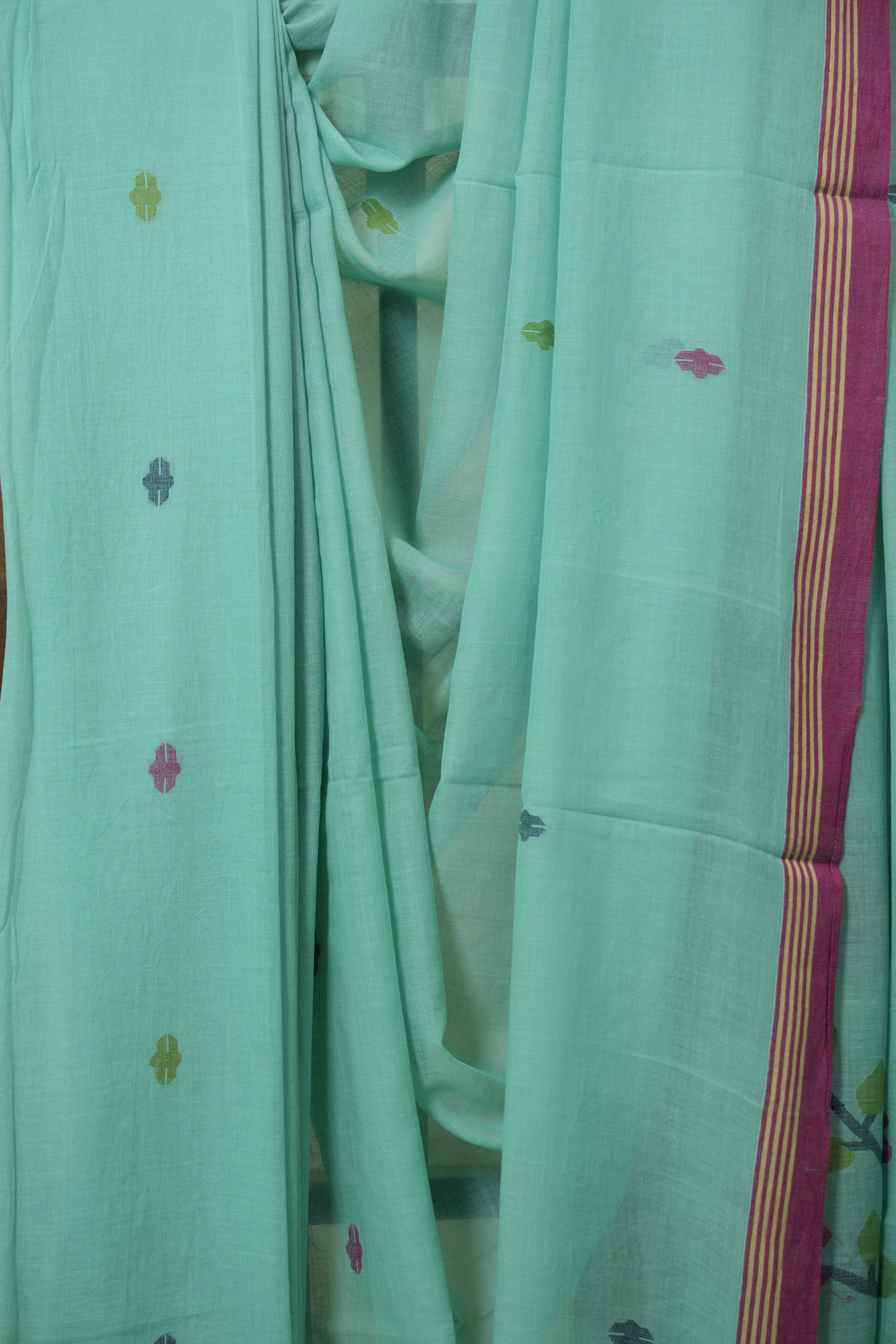 Teal Blue Mul Bengal Cotton Jamdani Saree - SRTBCJS240